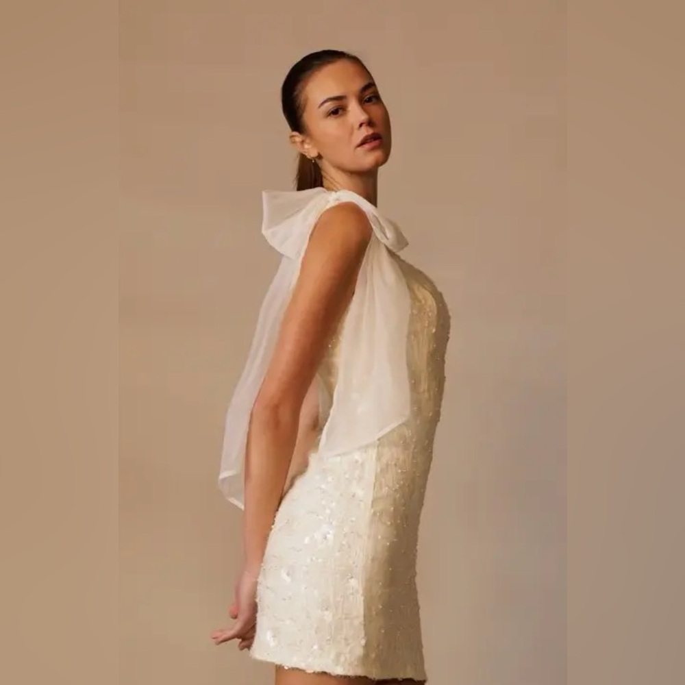 NWT Cream Sequins Bow One-Shoulder Mini Dress- Mini Wedding Dress - Picture 5 of 9